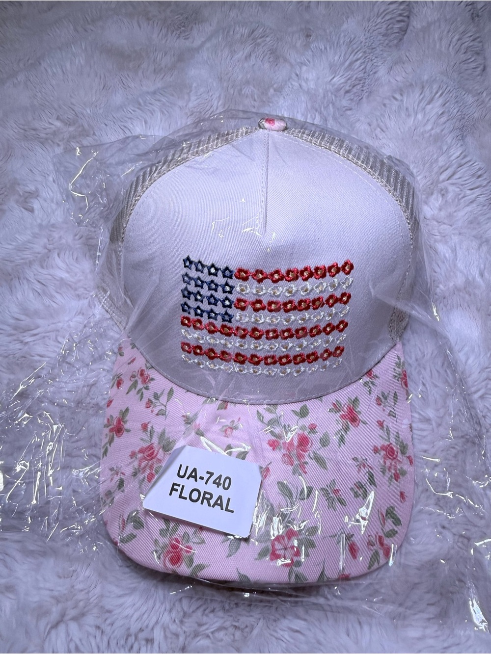 NWT Floral Trucker Hat with Rhinestone American Flag – Adjustable